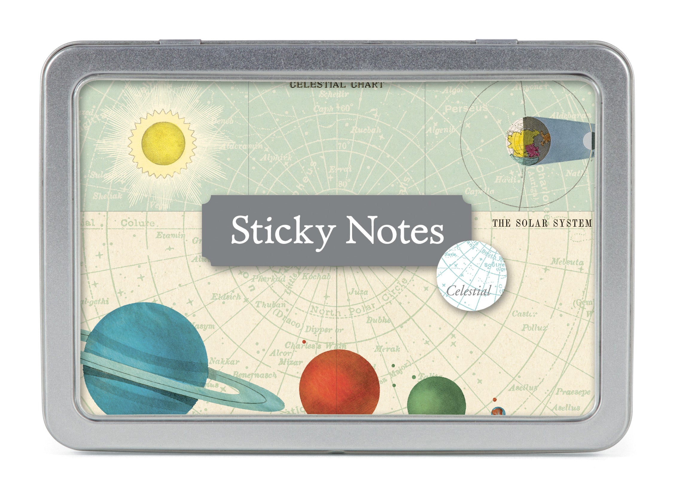 Cavallini & Co. Sticky Notes Tin- Celestial Notes shown in tin