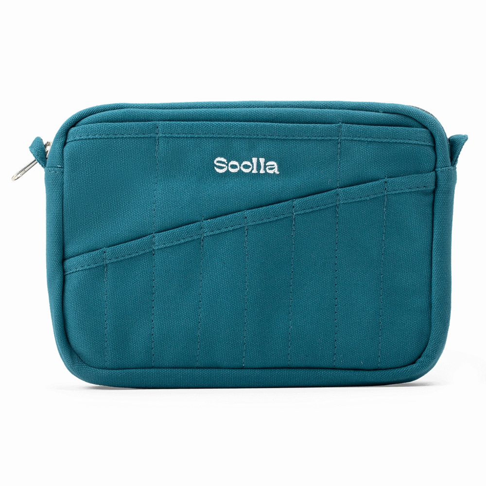 A teal blue pouch with various pen pockets on the front, featuring the brand name 'Soolla' embroidered in white in the top center, set against a plain white background.