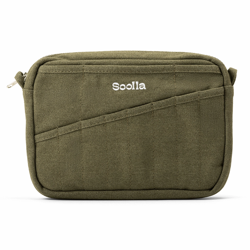 A olive green pouch with various pen pockets on the front, featuring the brand name 'Soolla' embroidered in white in the top center, set against a plain white background.