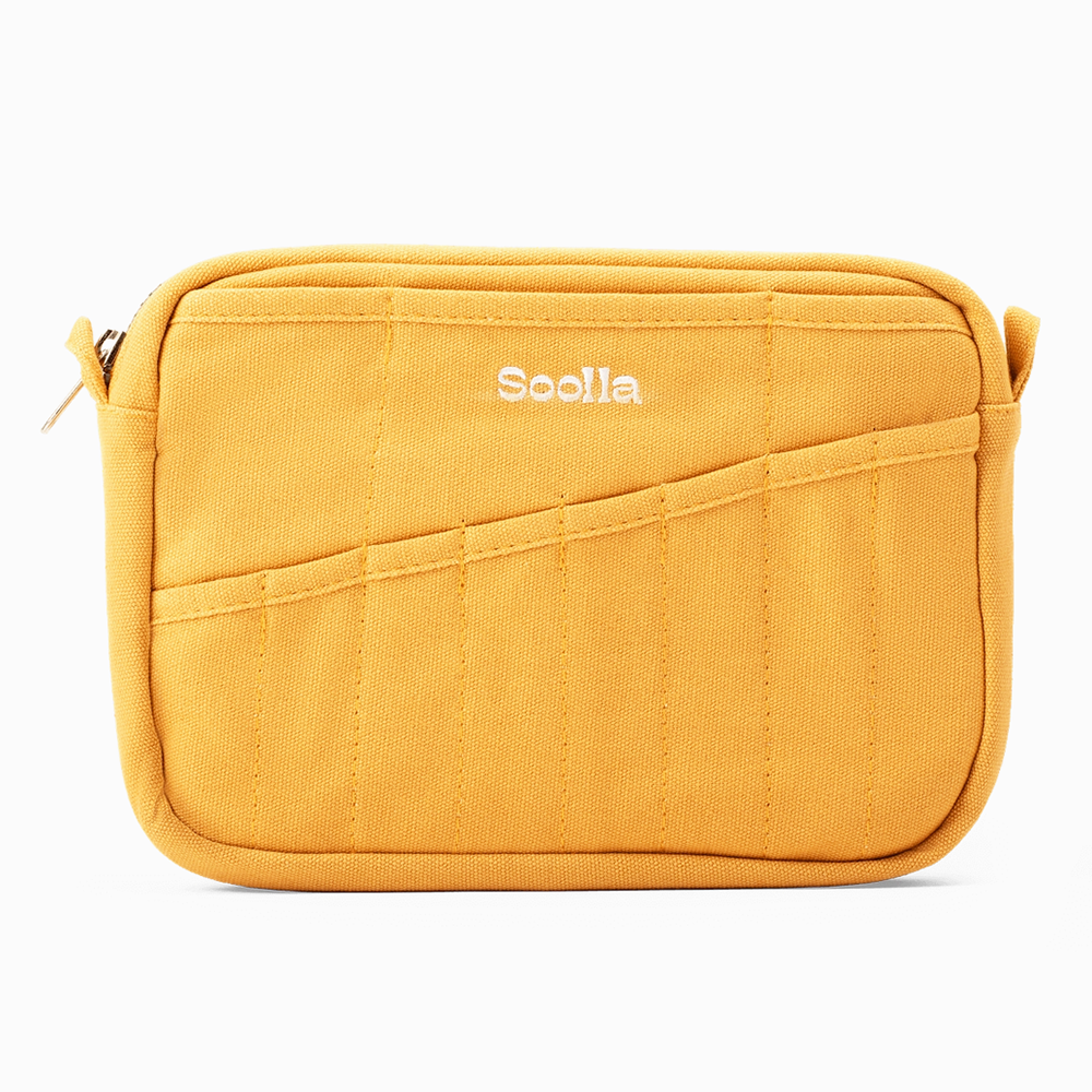 A yellow pouch with various pen pockets on the front, featuring the brand name 'Soolla' embroidered in white in the top center, set against a plain white background.