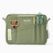 An olive green canvas organizer pouch with multiple utility pockets, shown on a clean white background. The pouch features the brand name 'soolla' printed in white on the front, along with various stationery and tool accessories tucked into its pockets, including pens, a pair of scissors, and a small keychain.