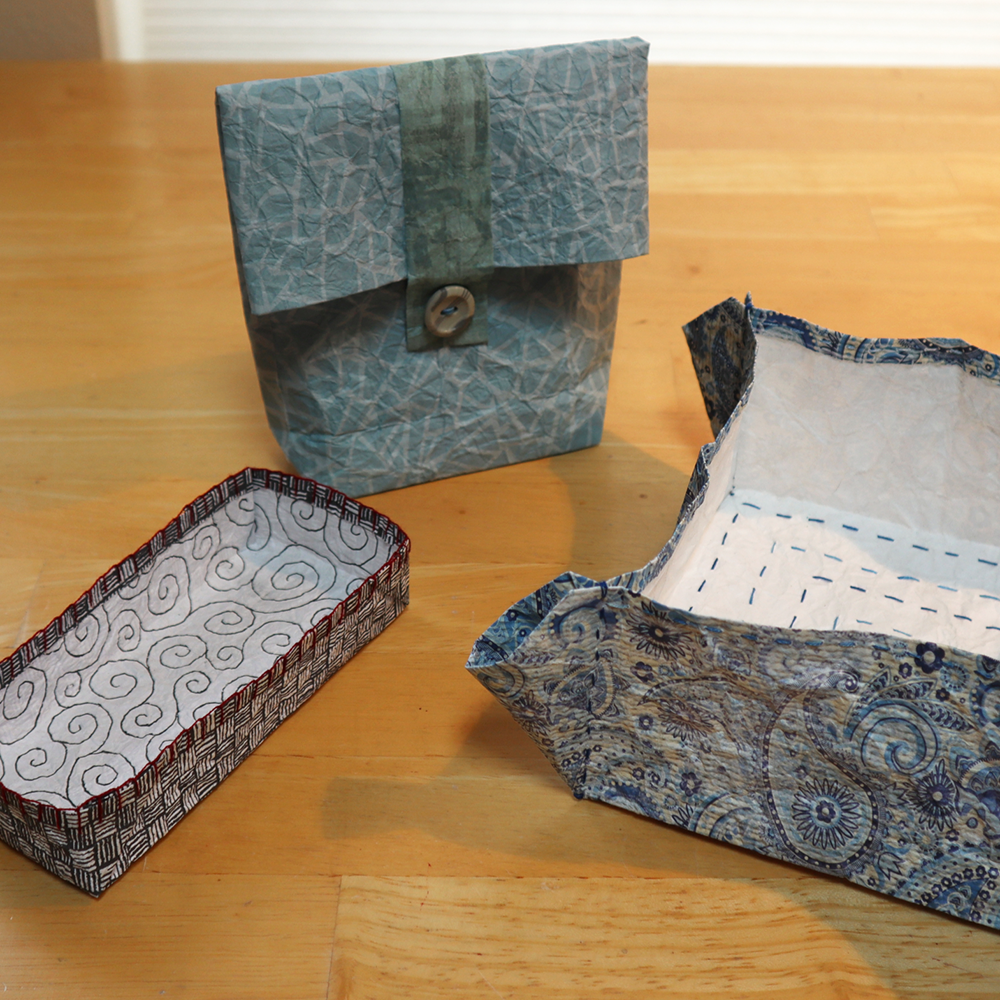 Paper Vessels - Momigami  class samples- rectangular tray, square tray, and bag with button closure