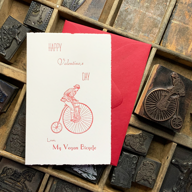 Valentines! DIY Letterpress class sample of vintage type and bicycle  "Happy Valentine's Day Love, My Vegan Bicycle" with red envelope and ornament tray