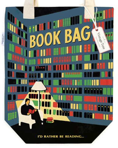 Tote bag with bookshelf design and person reading, labeled 'Book Bag: I'd Rather Be Reading'.