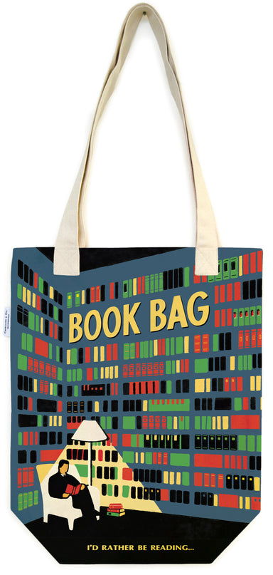 Tote bag with book-themed design and text 'I'd Rather Be Reading' on a dark background