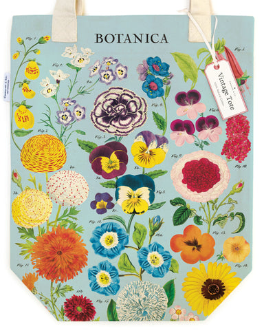 Cavallini & Co. Botanica Cotton Tote Bag- Tote bag with floral design and 'Botanica' text on a light blue background
