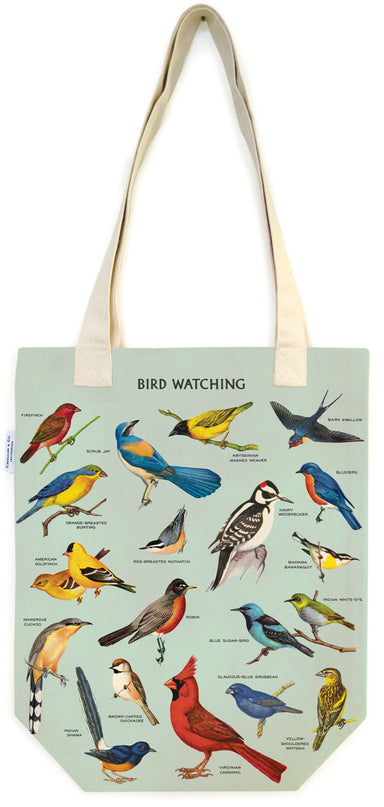 Cavallini & Co. Birdwatching Cotton Tote Bag- Tote bag with illustrations of various birds and the text 'Bird Watching' on a light blue background.
