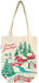 Cavallini & Co. Christmas Winter Wonderland Tote Bag- a bag with Christmas design featuring trees, houses, and people, with 'Season's Greetings' text.
