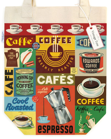 Cavallini & Co. Coffee Cotton Tote Bag- Tote bag with vintage coffee-themed graphics and text.