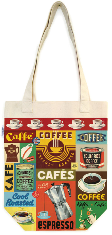 Cavallini & Co. Coffee Cotton Tote Bag-Tote bag with coffee-themed design featuring coffee-related vintage graphics and text.