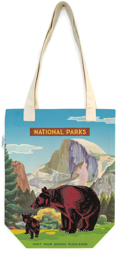 Cavallini & Co. National Parks Bear Cotton Tote Bag- featuring a mother bear and cub in a  wilderness setting
