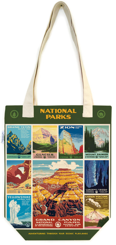 Cavallini & Co. National Park Posters Cotton Tote Bag- Tote bag with National Parks posters on a white background
