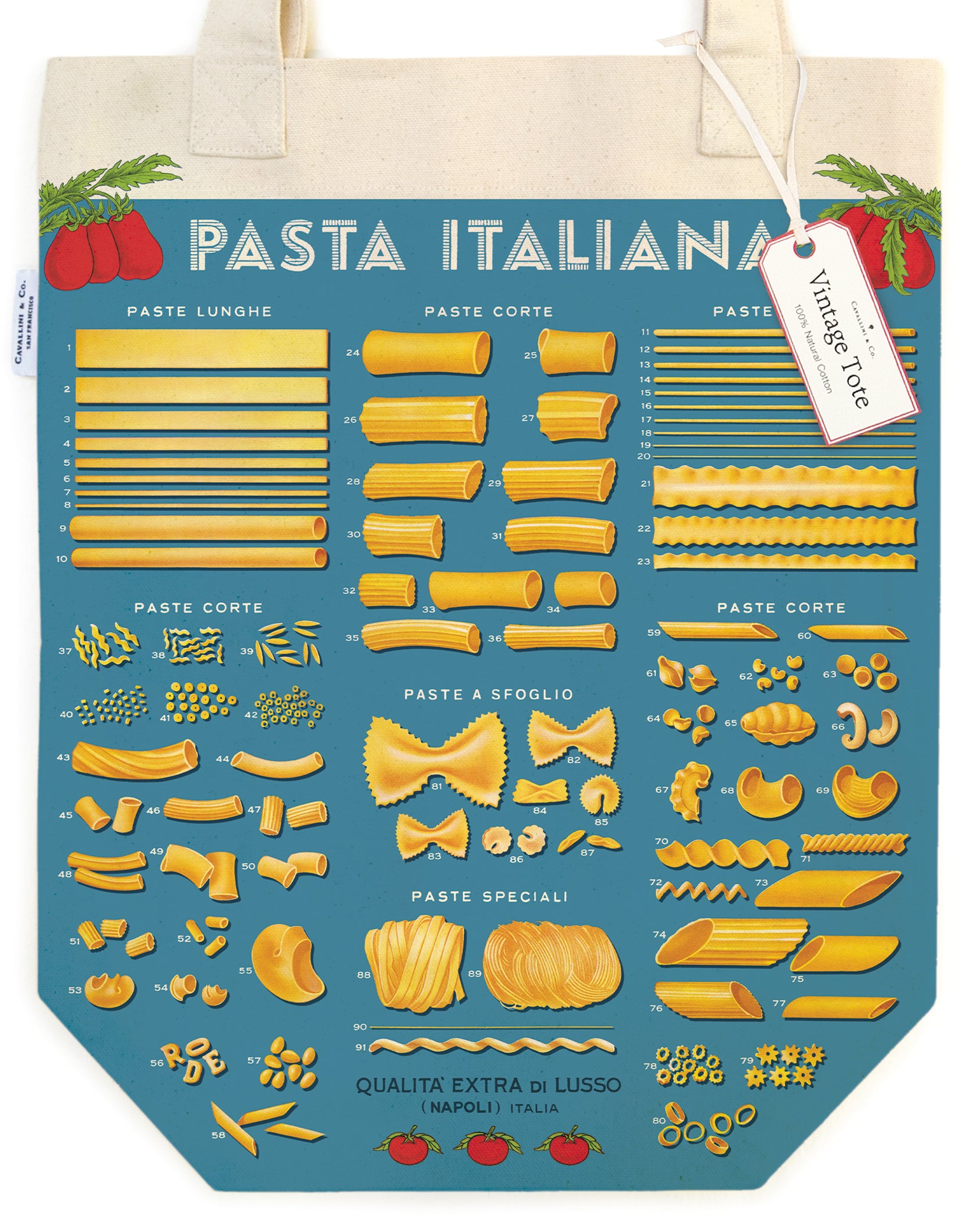 Tote bag with illustrations of various types of pasta on a blue background and "Pasta Italiana" text.