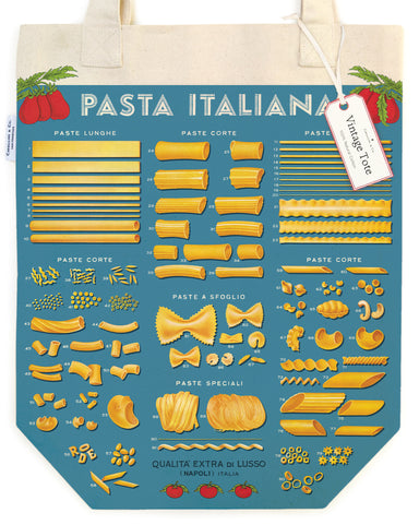 Tote bag with illustrations of various types of pasta on a blue background and "Pasta Italiana" text.