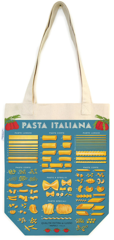 Cavallini & Co. Pasta Cotton Tote Bag- Tote bag with pasta diagram design on a blue-grey background