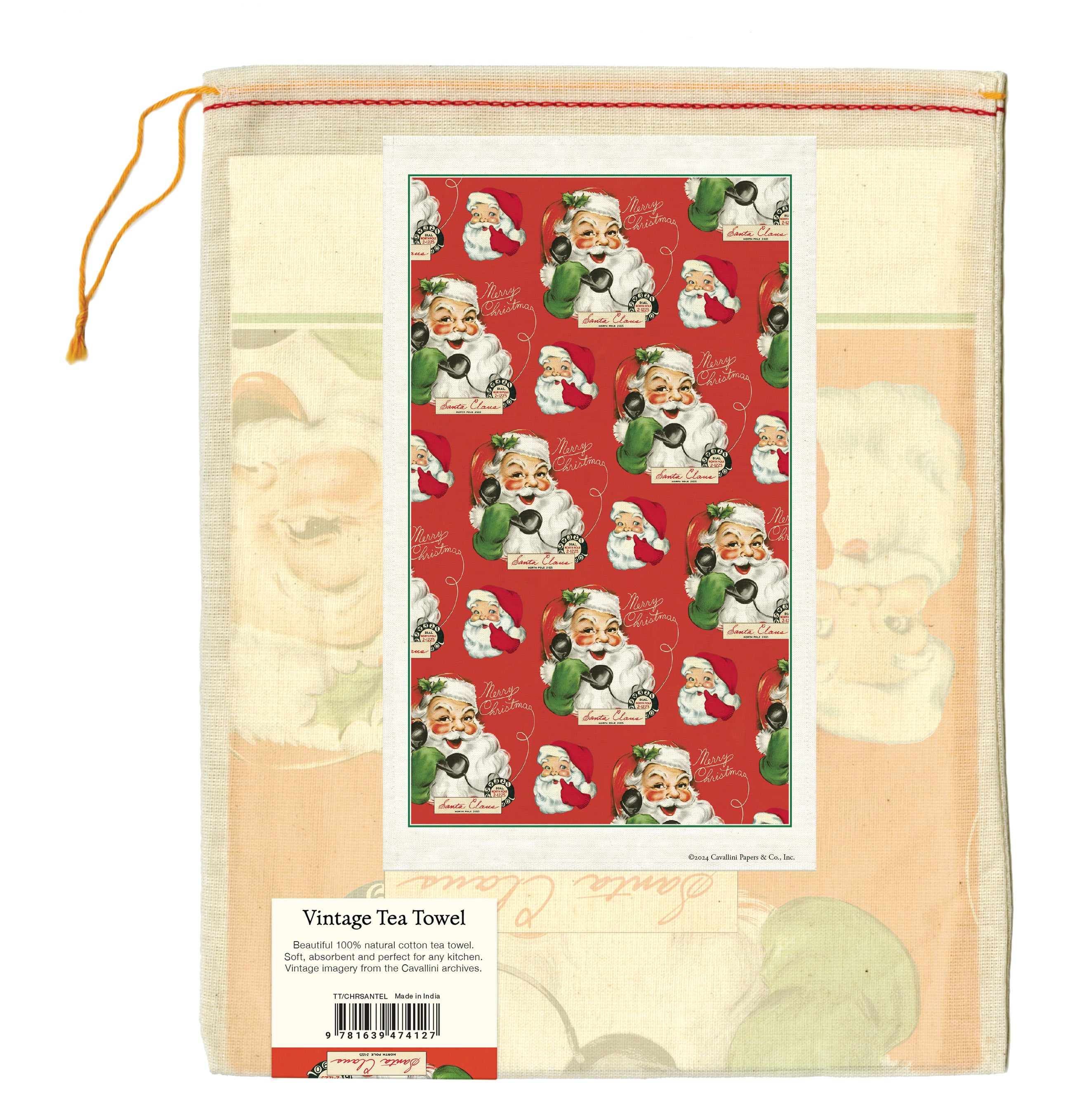 Cavallini & Co. Santa Claus Calling Holiday Cotton Tea Towel- Vintage-themed tea towel with a red background featuring illustrations of Santa Claus.