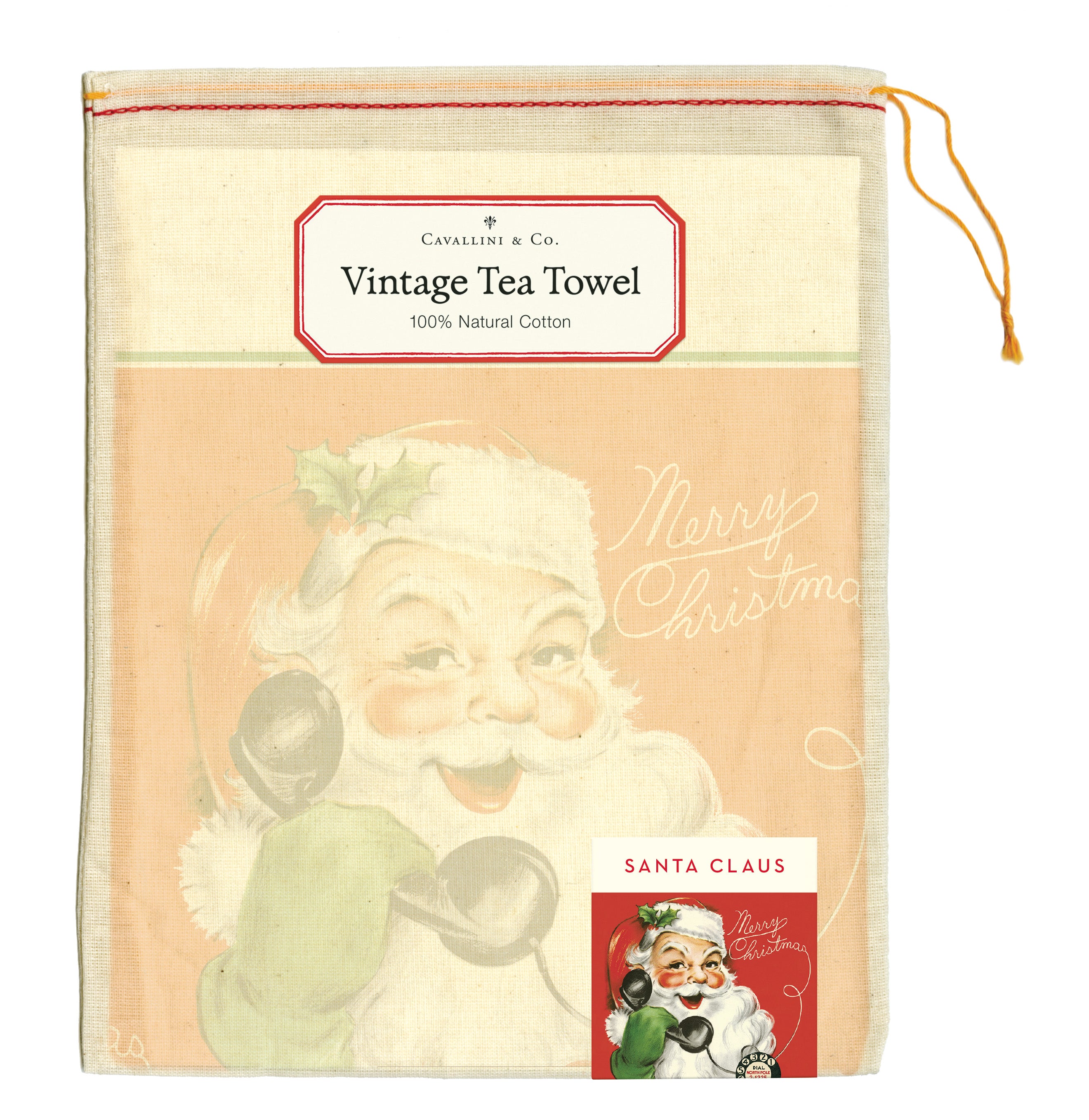 Cavallini & Co. Santa Claus Calling Holiday Cotton Tea Towel- front of package with Vintage-style tea towel with Santa Claus design and Cavallini & Co. branding.