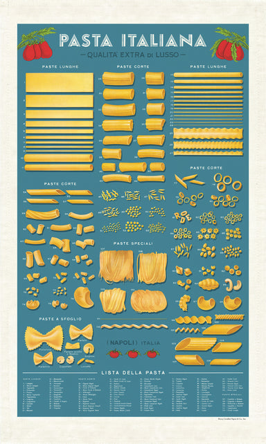 Cavallini & Co. Pasta Cotton Tea Towel with  various types of pasta with a blue background