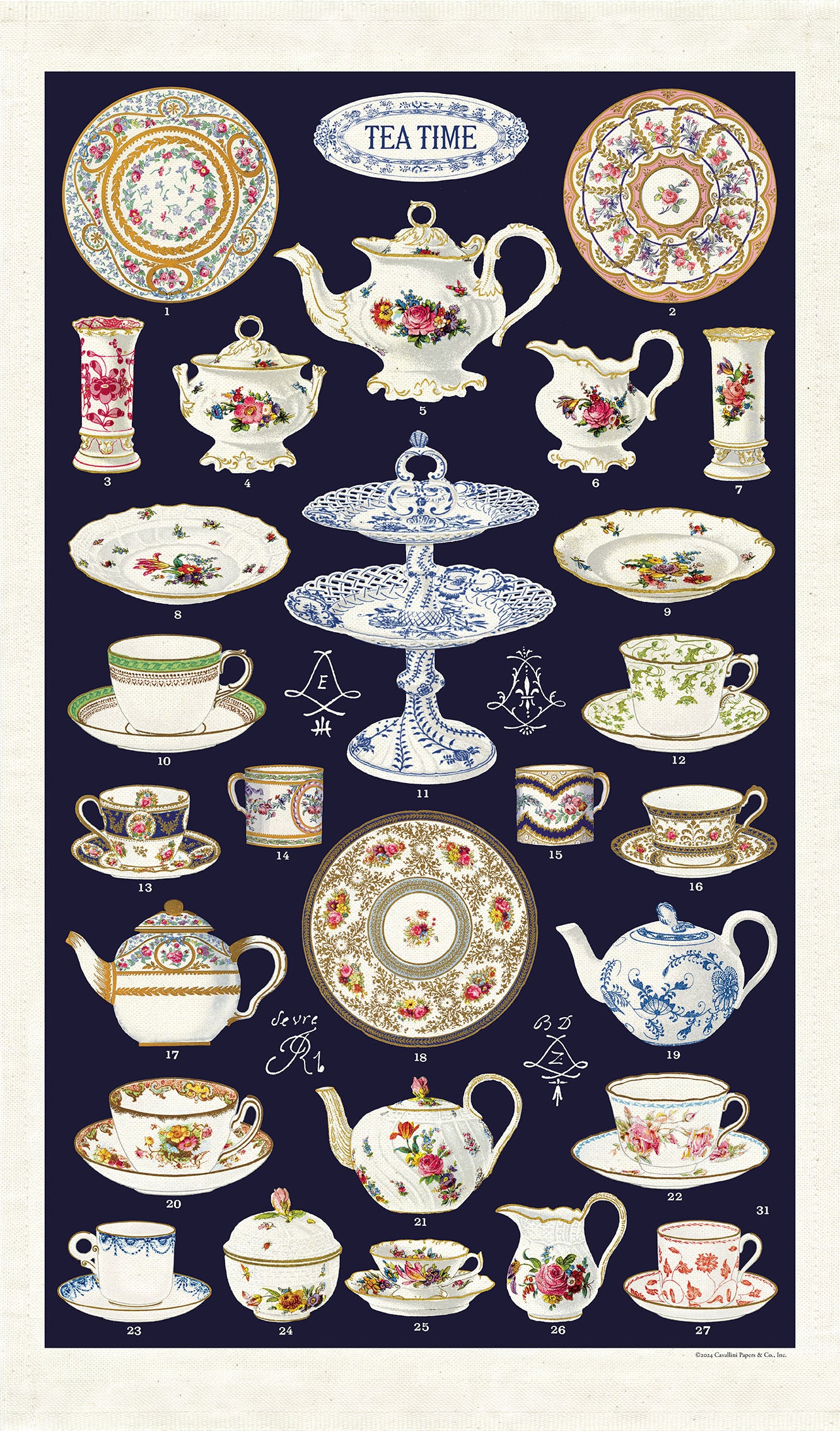 Cavallini & Co. Tea Time Cotton Tea Towel shown open