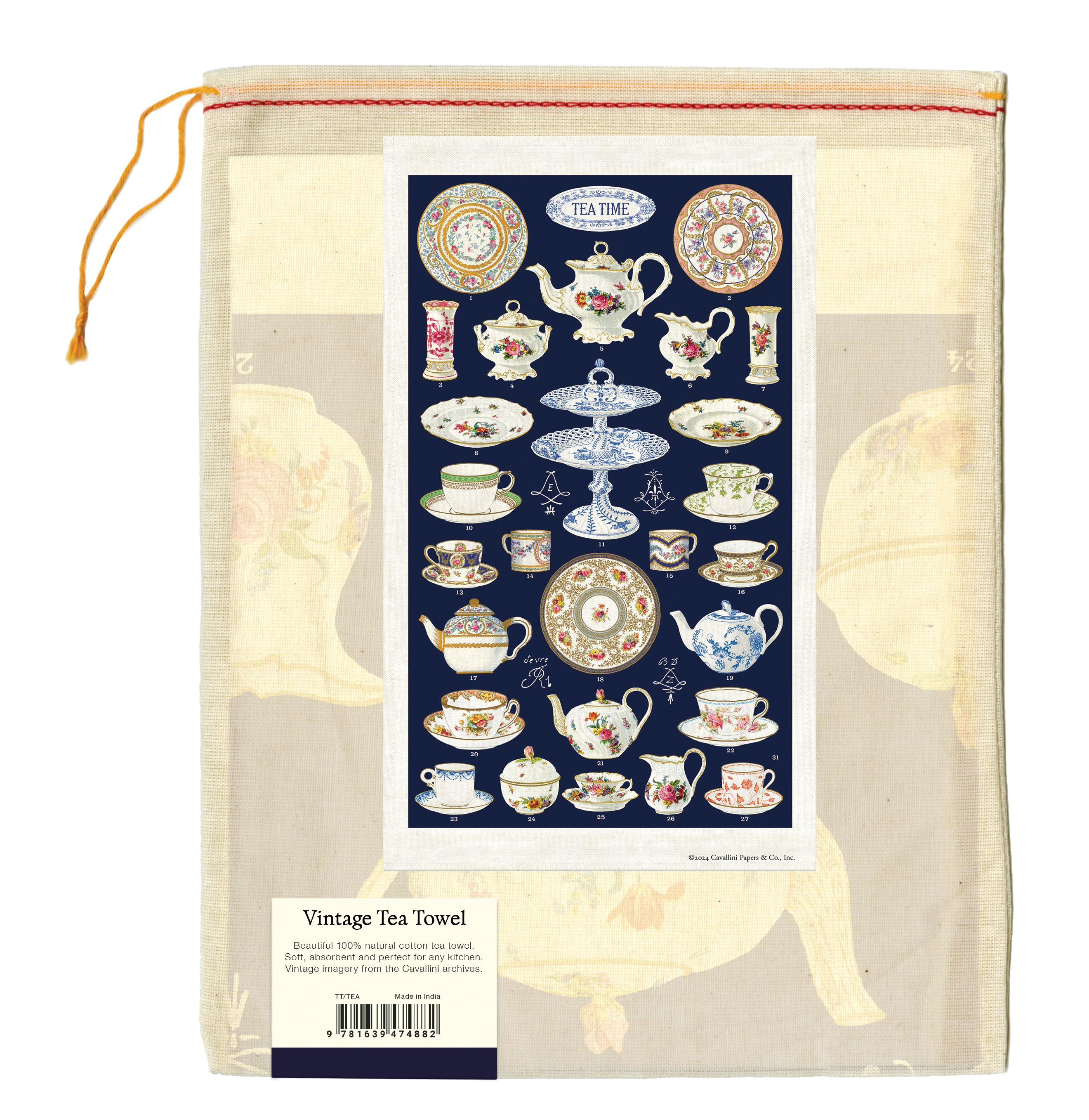 Cavallini & Co. Tea Time Cotton Tea Towel back of package