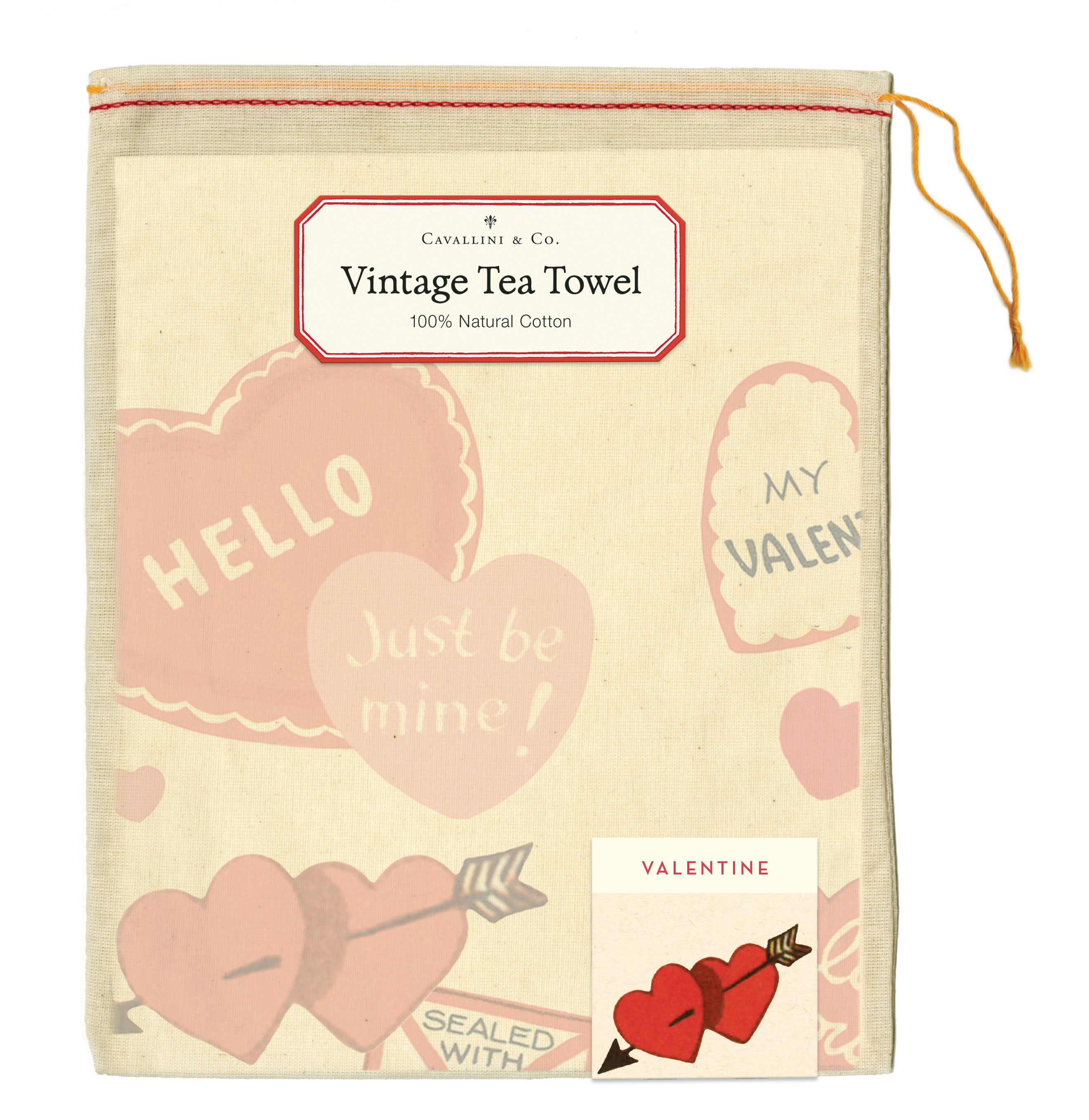 image of muslin bag for Cavallini & Co. Valentine Hearts  Cotton Tea Towel