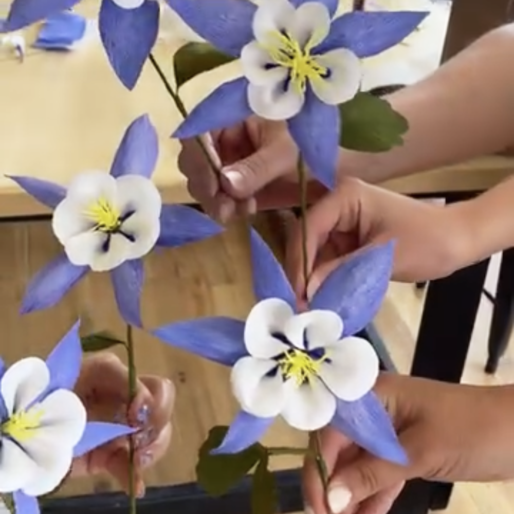 People holding a bindividual stems of paper blue and white flowers with yellow centers.