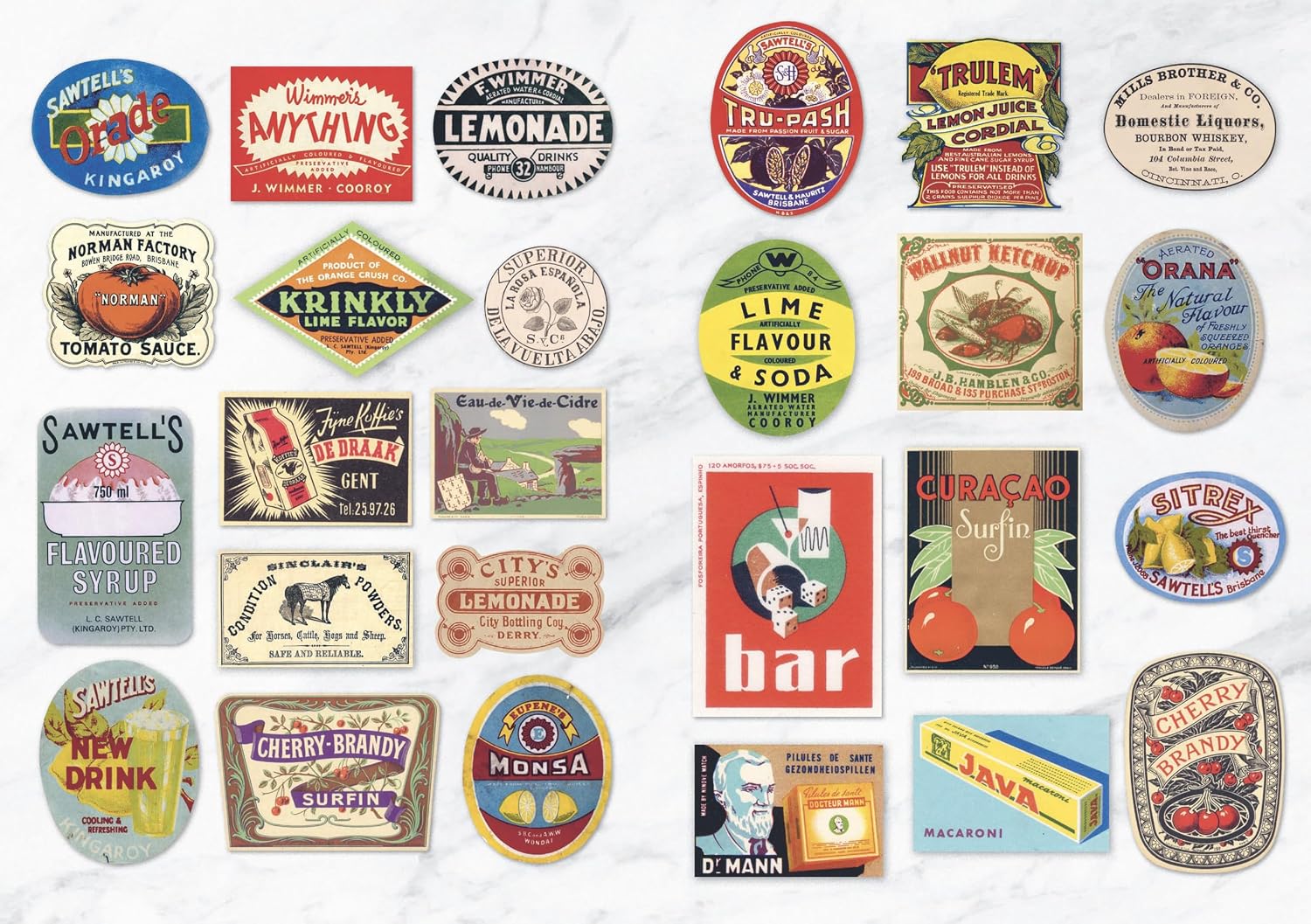 Collection of vintage product labels on a white background