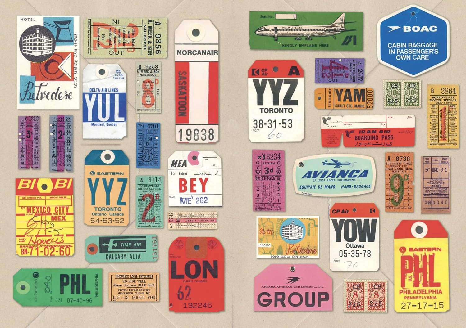 The Curious Collections Sticker Book- example pages of vintage travel tag stickers