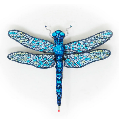 blue beaded dragonfly on white background