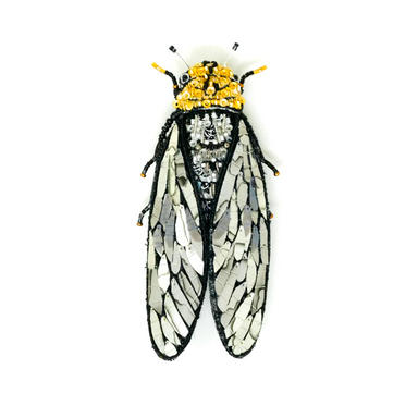 Cicada-shaped brooch with beads and sequins on a white background