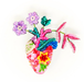 Colorful heart-shaped anatomical heart beaded brooch with floral elements on a white background