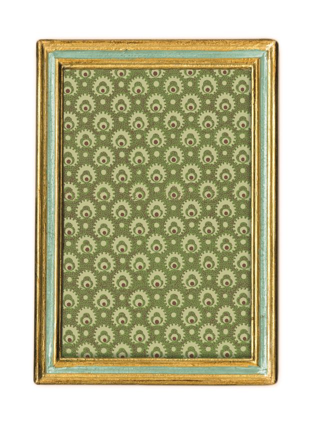 Cavallini & Co. 4 by 6 Inch Urbino Azzurro Florentine Frame- A rectangular picture frame with a distressed gold finish and a light blue-green inner trim.