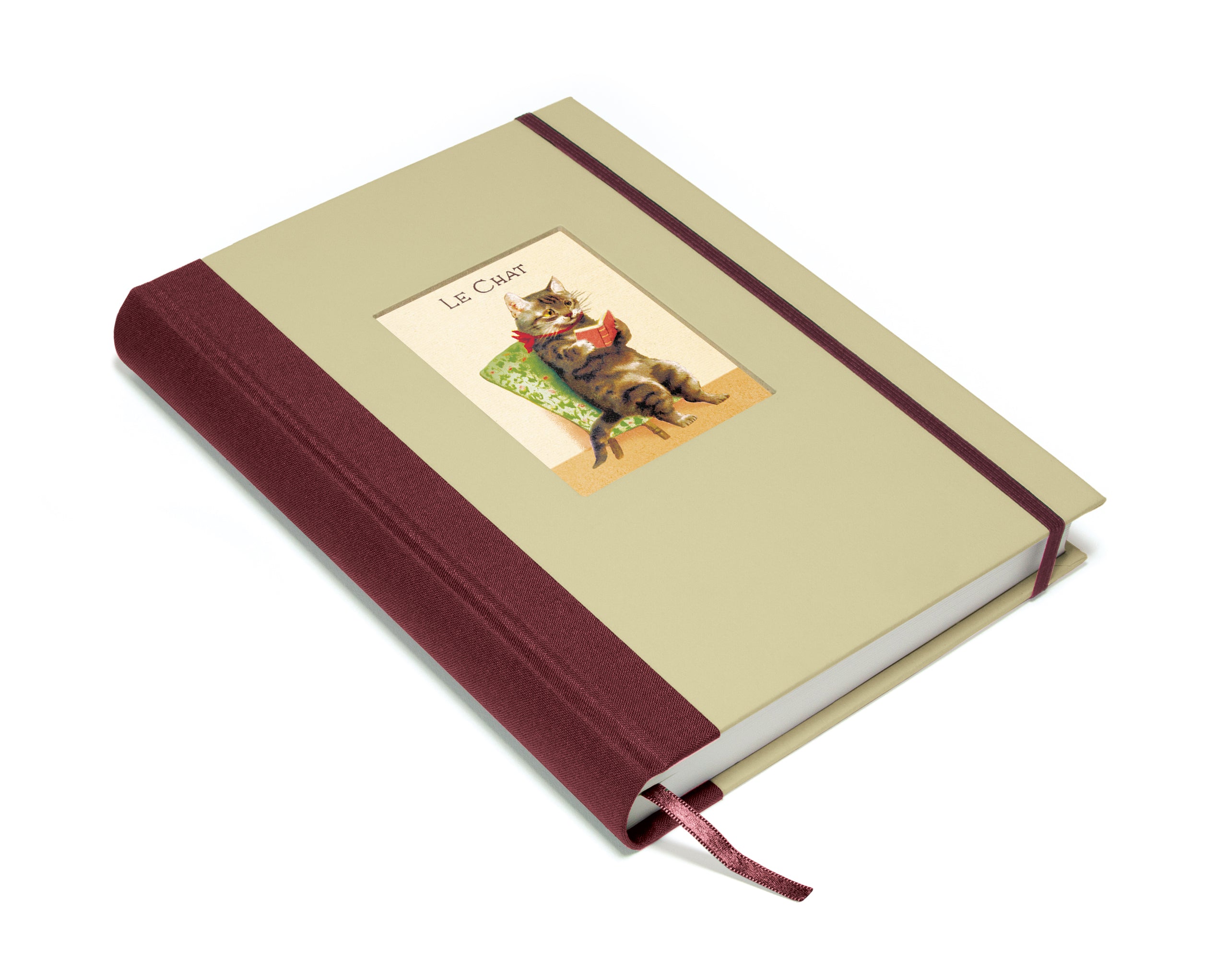 Beige notebook with a red binding featuring an illustration of a cat on the cover.