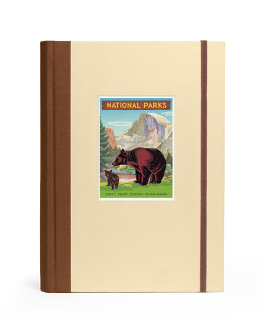 National Parks Window Journal by Cavallini & Co.-Notebook with a bear illustration and 'National Parks' text on a beige cover with brown binding.