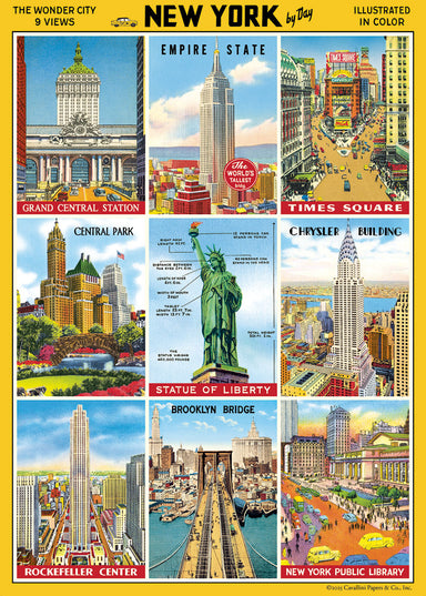 Cavallini & Co. New York City by Day Decorative Paper- an illustrated poster of New York City landmarks with colorful depictions.