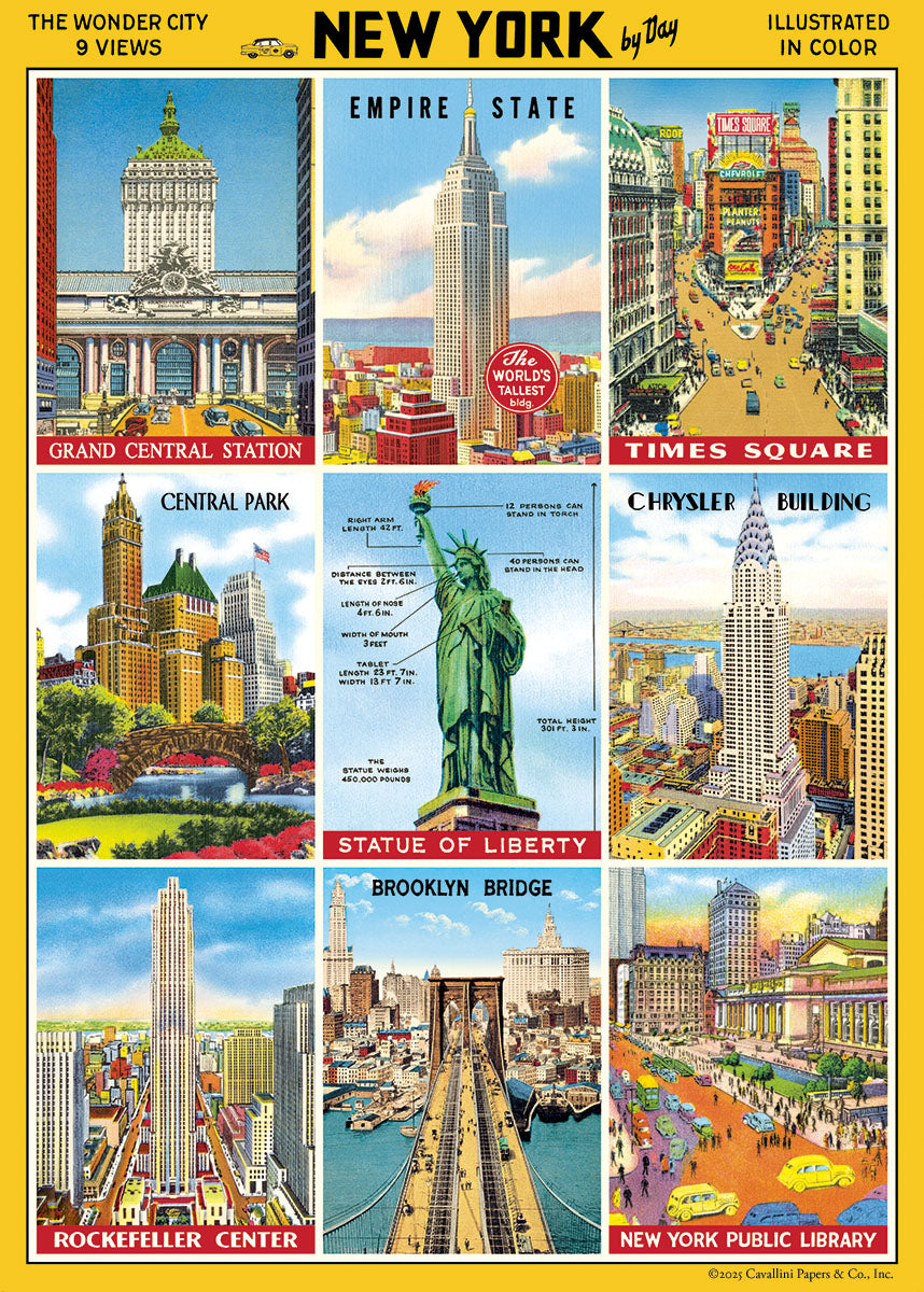 Cavallini & Co. New York City by Day Decorative Paper- an illustrated poster of New York City landmarks with colorful depictions.