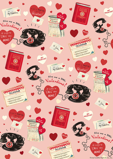 A repeating Valentine's Day pattern featuring vintage red rotary phones, red hearts, telegram messages, and red books on a light pink background.