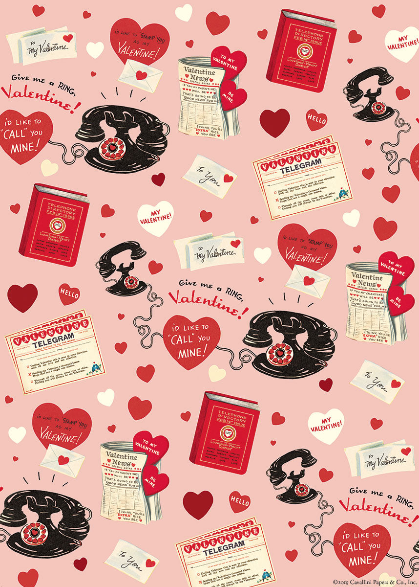 A repeating Valentine's Day pattern featuring vintage red rotary phones, red hearts, telegram messages, and red books on a light pink background.