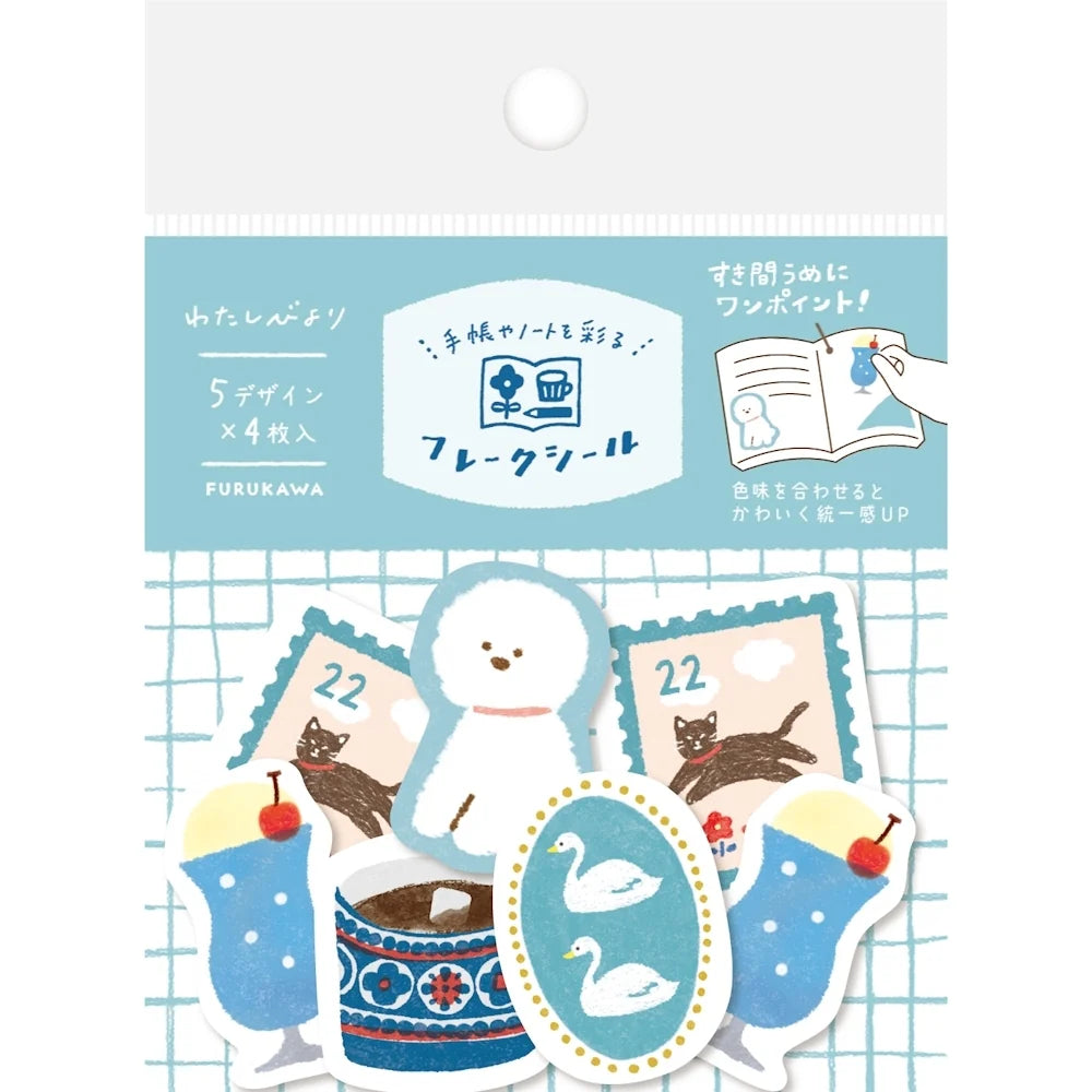 FURUKAWA brand sticker pack featuring cute winter-themed stickers including a polar bear, swans, cats, and drinks, displayed on a light blue and white card with Japanese text.