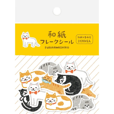 Furukawashiko cat-themed paper sticker pack in Japanese, featuring illustrated cats in orange, black, white, and gray with red bowties on a yellow and white card backing.