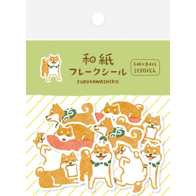 A package of Japanese paper stickers featuring cute Shiba Inu dog illustrations in orange, white, and green, with a light green header card and Japanese text.