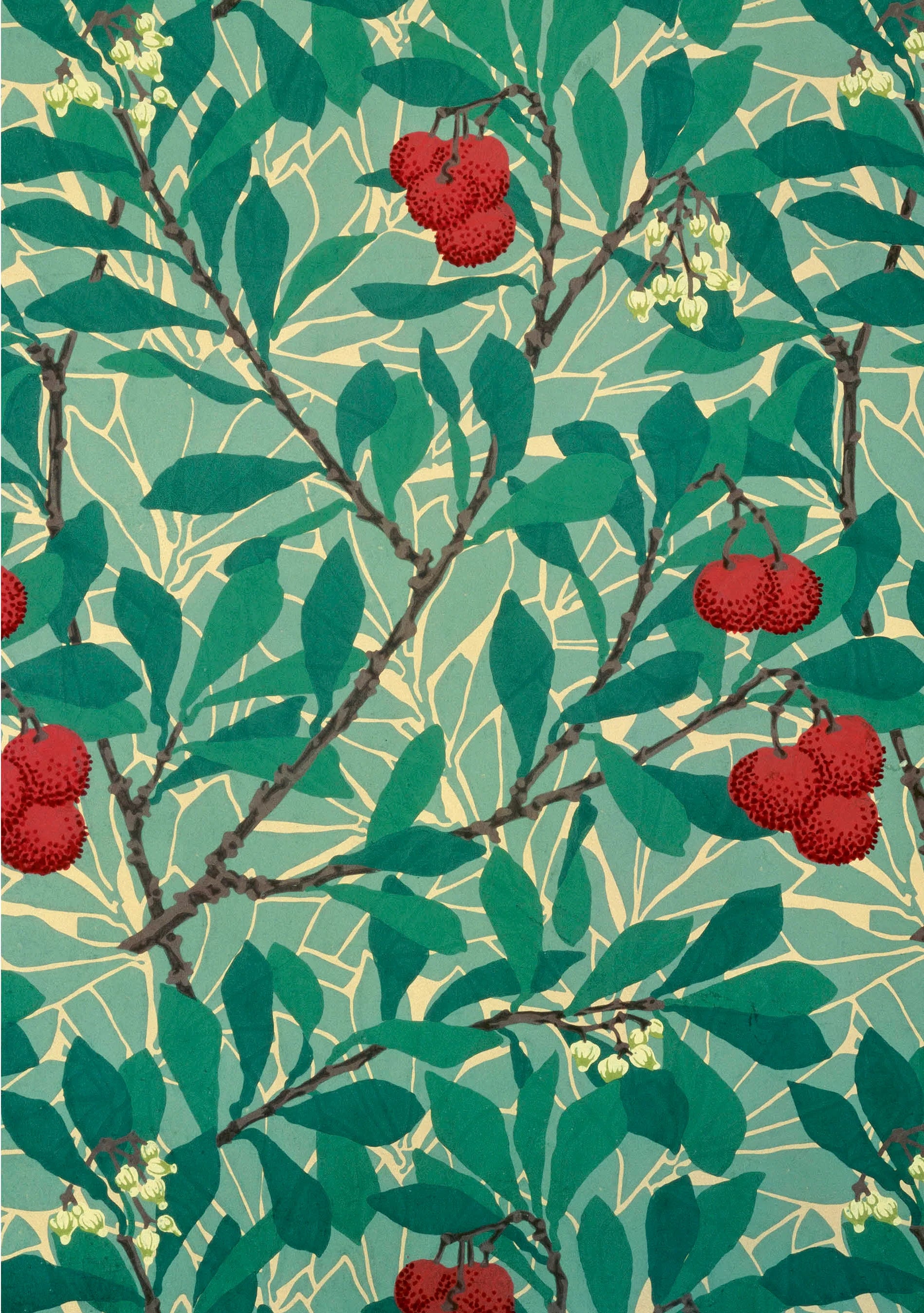 AWilliam Morris: Arbutus Holiday Cards- card with a repeating botanical pattern featuring green leaves and clusters of red berries on branches over a pale mint background with light cream leaf outlines.