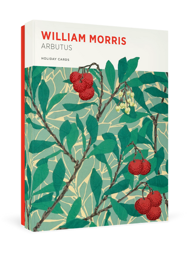 William Morris: Arbutus Holiday Cards-  with a design of leaves and red berries on a white background