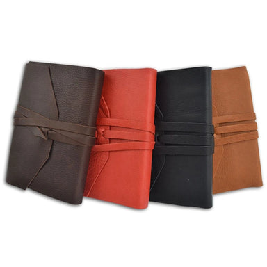 Italian Leather Wrap Journal- image shows four leather-bound notebooks in different colors on a white background