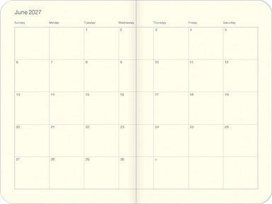 An open monthly calendar spread showing June 2027, with a cream-colored page, black printed day labels, and a double-page layout.