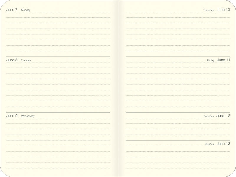 An open planner with cream-colored lined pages, showing a weekly layout from June 7 to Sunday, June 13.