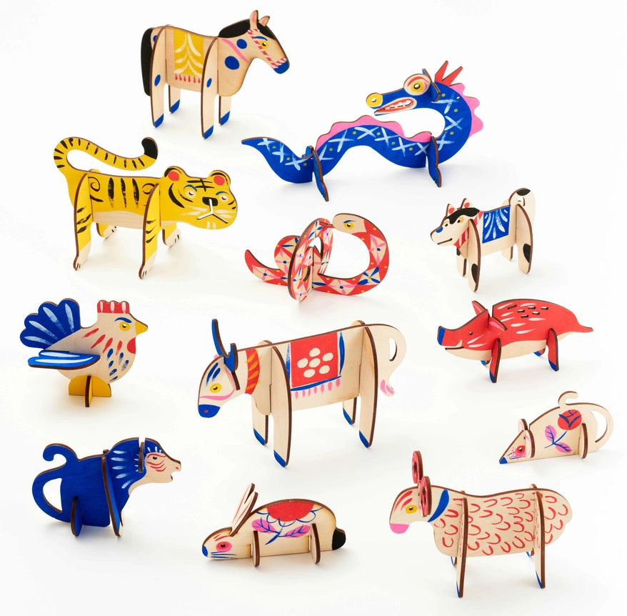 Asian Zodiac Decorations Craft Kit- showing finished, painted animals
