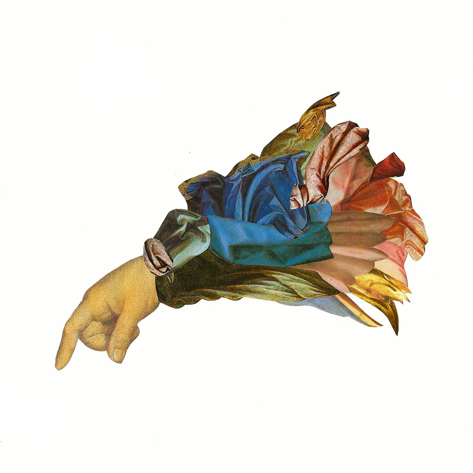 A collage depicting a human hand pointing toward a floating, draped bouquet of colorful fabric in shades of blue, pink, green, and gold on a plain white background.