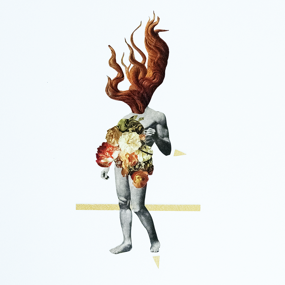 An abstract  collage of a nude figure with flowing reddish-flame like hair and a floral torso, set against a very light gray background with a thin gold horizontal line and small gold corner accents.