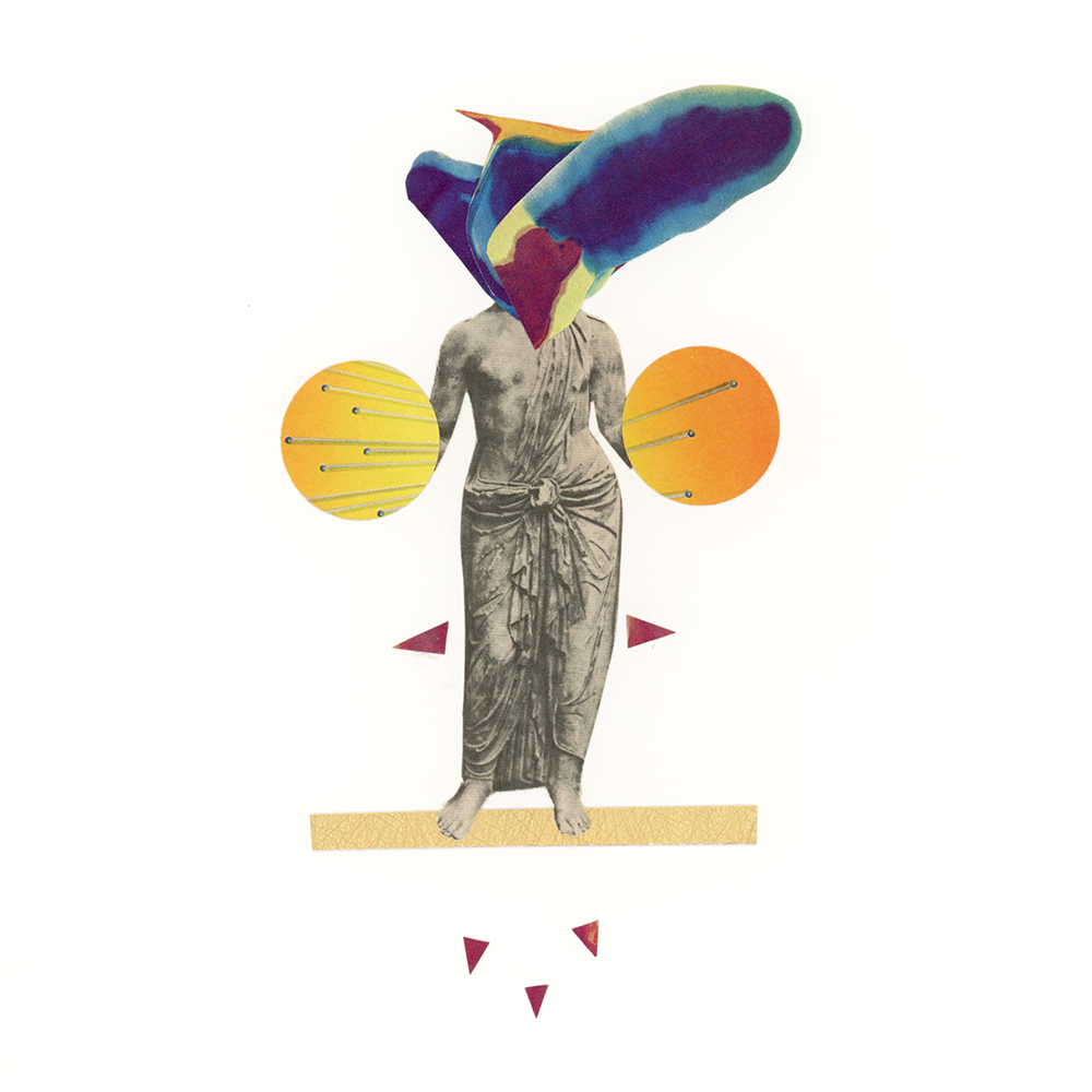 Abstract collage-style artwork on a white background featuring a gray draped human figure with a large multicolored head shape, yellow circular forms, and small red triangular accents.